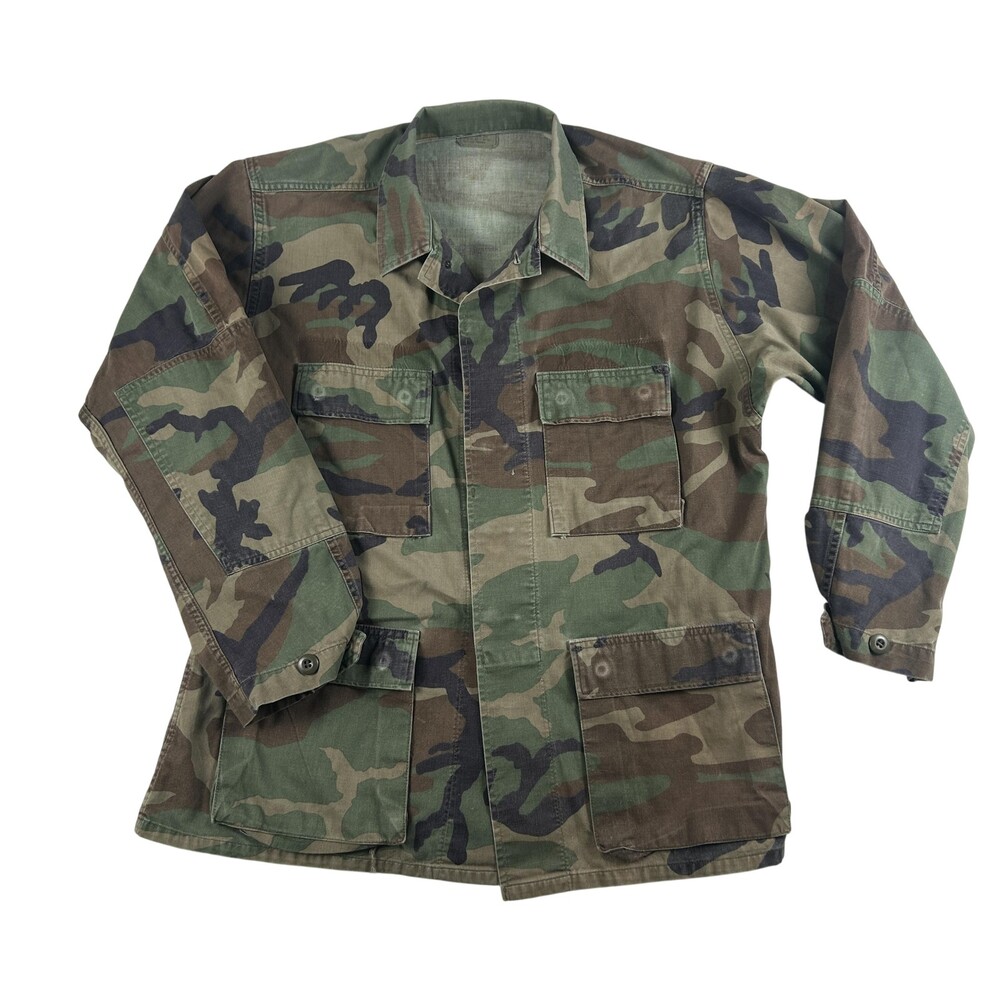 Vintage US Army Jacket Mens Medium Woodland Camo BDU Field Coat Military 80s